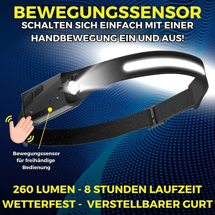 Stirnlampe Handy Brite Work Light - 260 lm - Bild einer Stirnlampe mit Bewegungssensor, die sich einfach per Handbewegung ein- und ausschalten lässt.