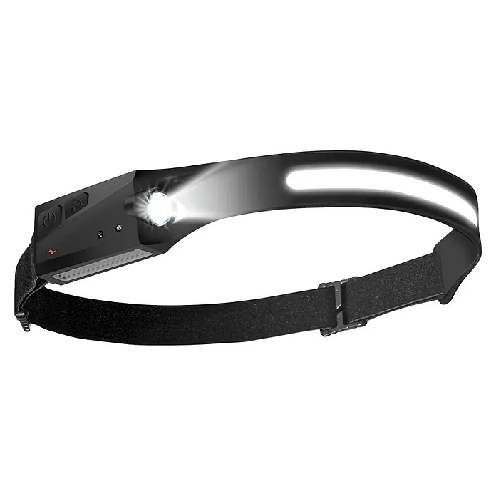 Stirnlampe Handy Brite Work Light - 260 lm - Eine schwarze Stirnlampe mit einem LED-Spotlicht und einem breiten Lichtstreifen. Ideal zum Laufen oder für Outdoor-Aktivitäten.
