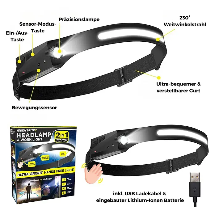 Stirnlampe Handy Brite Work Light - 260 lm - Stirnlampe mit Sensor-Modus, Präzisionslampe, Weitwinkelstrahl, bequemem Gurt, USB-Ladekabel & eingebauter Lithium-Ionen-Batterie.