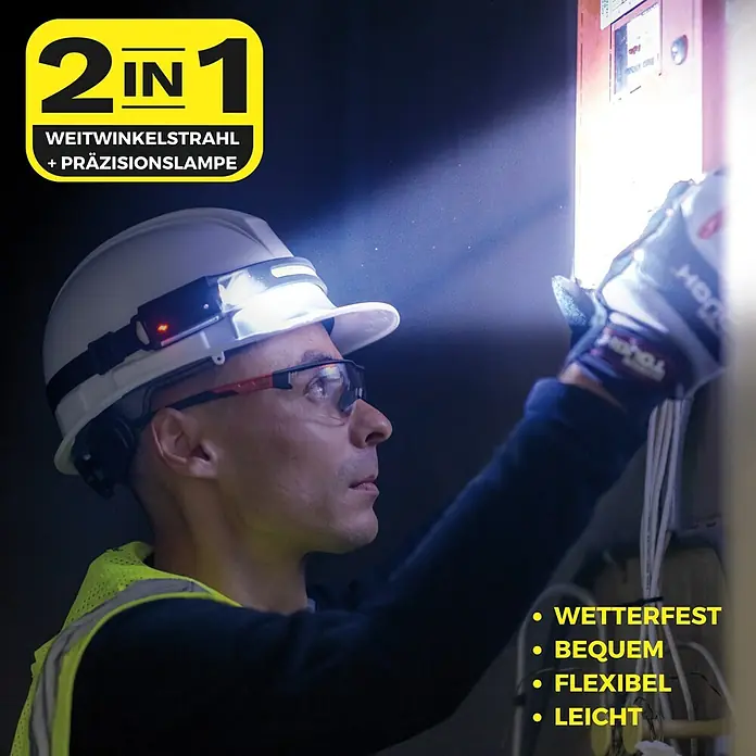 Stirnlampe Handy Brite Work Light - 260 lm - Arbeiter mit Helm-Stirnlampe mit Weitwinkel- & Präzisionslicht. Wetterfest, bequem, flexibel & leicht für Profis.