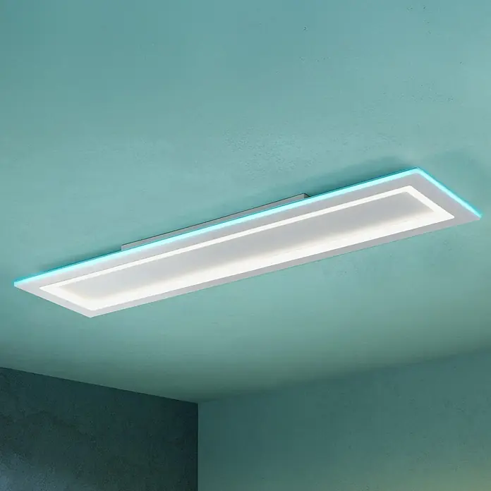 Eglo LED-Deckenleuchte Padrogiano - L x B x H: 1.200 x 300 x 50 mm - Moderne LED-Deckenleuchte mit rechteckigem Design und blauer Lichtakzentuierung für stilvolle Beleuchtung im Raum.