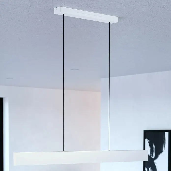 Eglo LED-Pendelleuchte Andreas-Z - 38 W, L x B x H: 117 x 7 x 110 cm, Grau, RGBW - Elegante LED-Hängeleuchte in Weiß. Die minimalistische Lampe hängt an feinen, schwarzen Kabeln und spendet helles Licht.