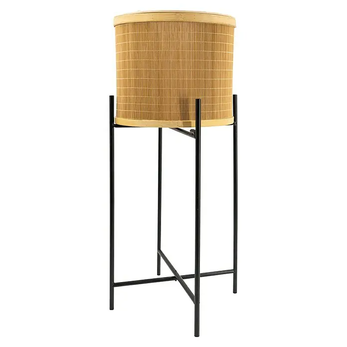 Noor Living Pflanzkorb - Ø x H: 33 x 100 cm, Naturmaterialien, Braun - Ein auffälliger runder Beistelltisch mit einem Bambuskorpus und einem eleganten schwarzen Metallgestell, der jedem Raum einen Hauch von natürlicher Eleganz verleiht.