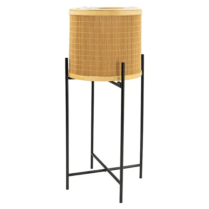 Noor Living Pflanzkorb - Ø x H: 29 x 83 cm, Naturmaterialien, Braun - Elegante Pflanzsäule mit einem runden, geflochtenen Einsatz und einem schlanken, schwarzen Metallgestell für eine moderne Inneneinrichtung.
