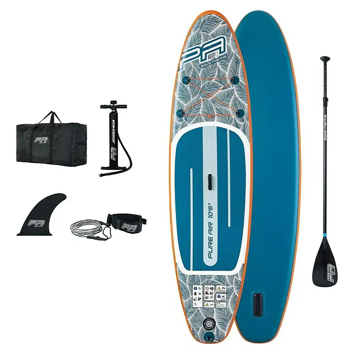 Aqua Marina SUP-Board Pure Air Tropic 10,6" - L x B x H: 320 x 81 x 15 cm, Nutzlast: 140 kg, 1 Stk., Aufblasen - Abbildung eines Aqua Marina Pure Air 10'6" SUP-Boards mit Zubehör. Ideal für Paddler aller Niveaus, komplett mit Paddel, Pumpe und Tragetasche.