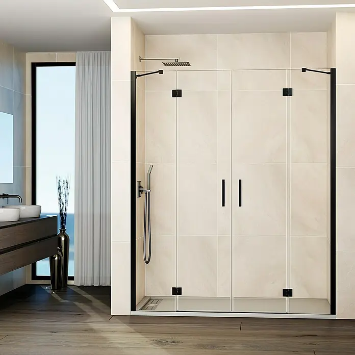 GME Mampara de ducha frontal Glass - 235 x 195 cm, Titanio, An x Al: 235 cm (50+70+70+50), 195 cm - Imagen de un baño moderno con una elegante cabina de ducha con herrajes negros y paneles de vidrio transparente.