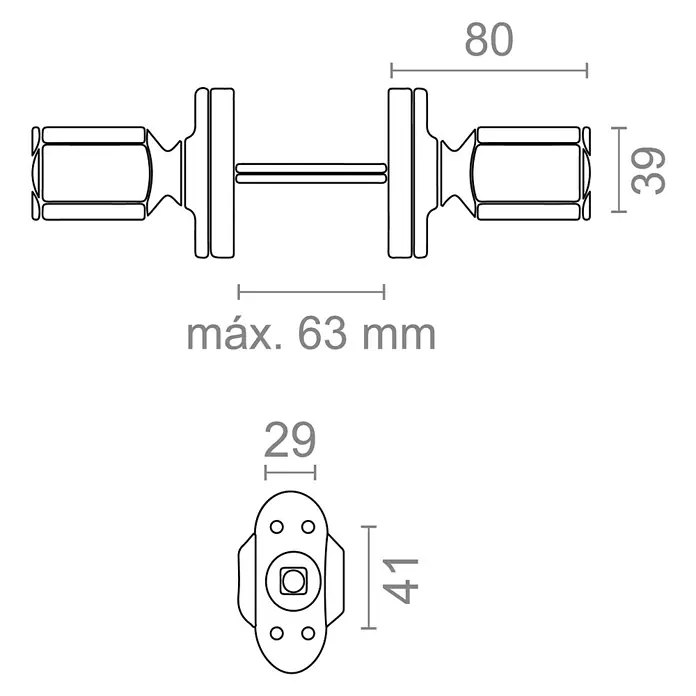 Micel Brimic Pomo giratorio 6807 - Aluminio, Negro - Dibujo técnico de un juego de manillas para puerta con dimensiones. Detalles precisos y medidas para la instalación.
