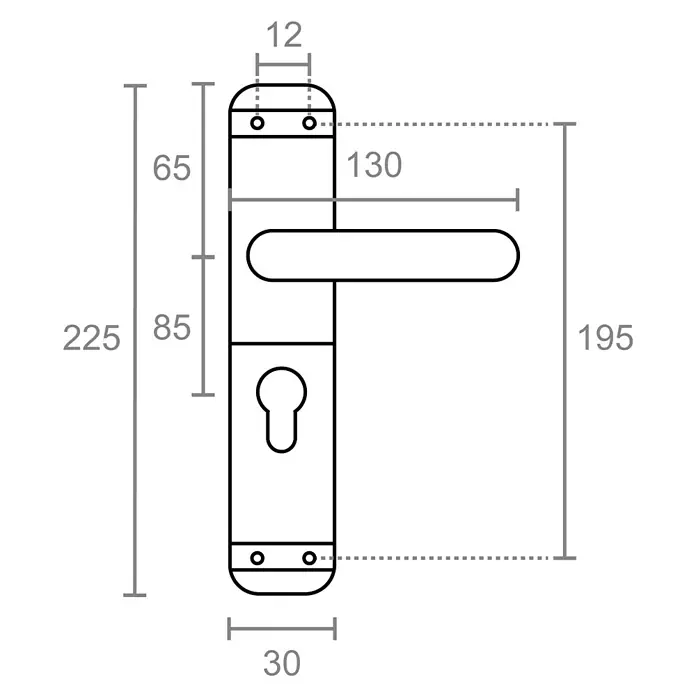 Micel Brimic Conjunto de picaporte 6824 - Aluminio, Negro - Un dibujo esquemático de un tirador de puerta con medidas detalladas, que muestra las dimensiones de todos los componentes.