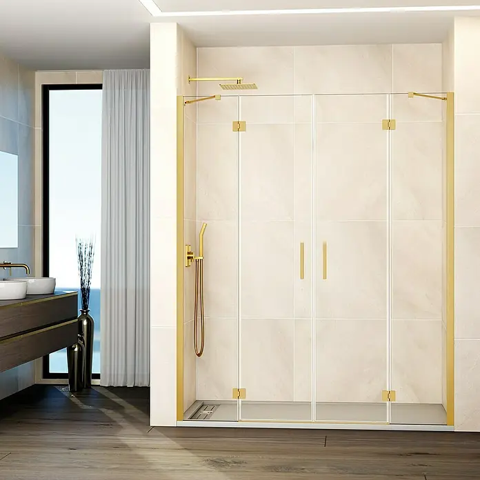 GME Mampara de ducha frontal Glass - 235 x 195 cm, Oro, An x Al: 235 cm (50+70+70+50), 195 cm - Elegante mampara de ducha con herrajes dorados. El diseño añade un toque lujoso al baño y resulta muy llamativo.