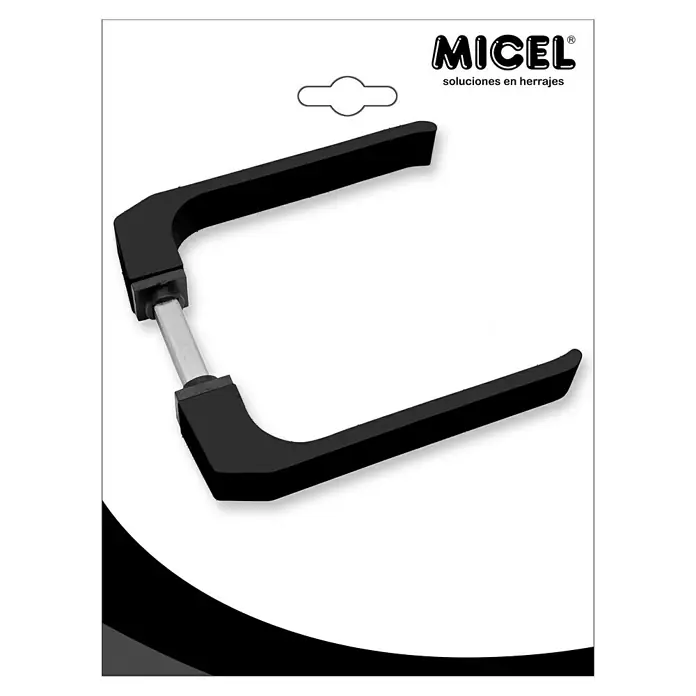 Micel Brimic Conjunto de picaporte 702 - Aluminio, Negro - Primer plano de una manija de puerta negra MICEL® en un embalaje de producto, destacando su diseño minimalista y funcional.