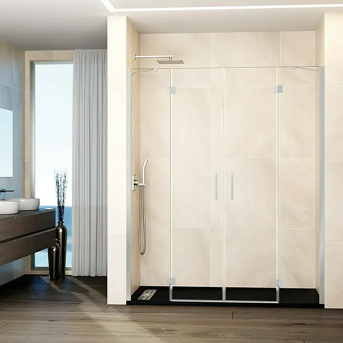 GME Mampara de ducha frontal Glass - 235 x 195 cm, Espesor de vidrio: 8 mm, Nickel, An x Al: 235 cm (50+70+70+50), 195 cm - Cabina de ducha elegante con paneles de vidrio transparente, ideal para un baño moderno. Ofrece un diseño elegante y funcional.