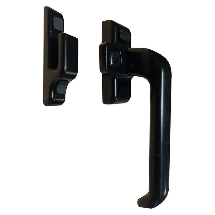 Micel Brimic Cierre a presión 6801 - Apto para: Ventana de aluminio, DIN-Izquierda, Negro - Primer plano de una manija de ventana negra, con un diseño simple y moderno con un acabado brillante.