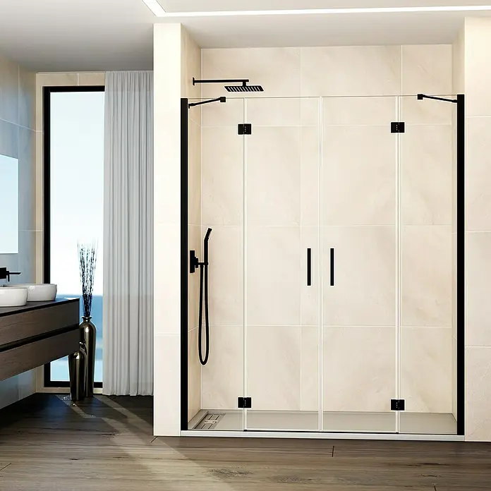 GME Mampara de ducha frontal Glass - 235 x 195 cm, Espesor de vidrio: 8 mm, Negro, An x Al: 235 cm (50+70+70+50), 195 cm - Un baño moderno con una elegante cabina de ducha negra, destacando un diseño minimalista. Los paneles de vidrio claro maximizan la luz.