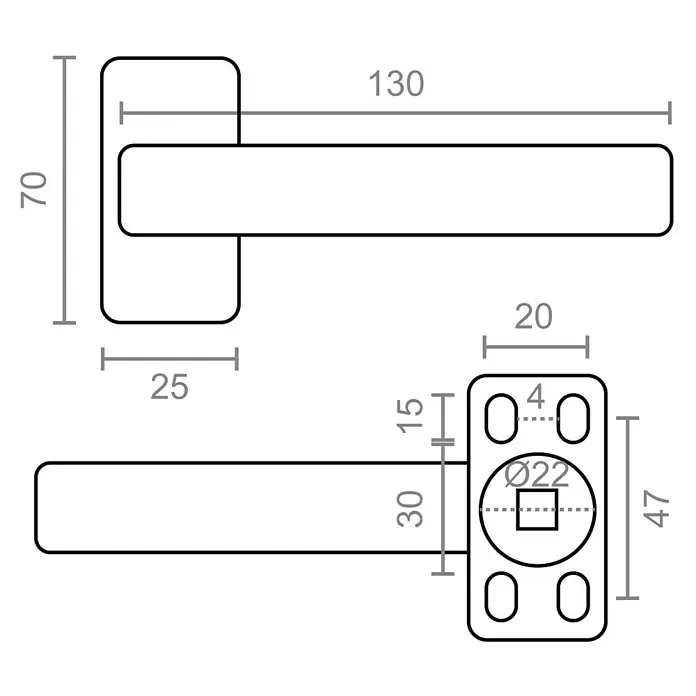 Micel Brimic Conjunto de picaporte 6800 - Aluminio, Negro - Dibujo técnico detallado de una manija de puerta con medidas para su instalación y diseño, para una mejor visualización.