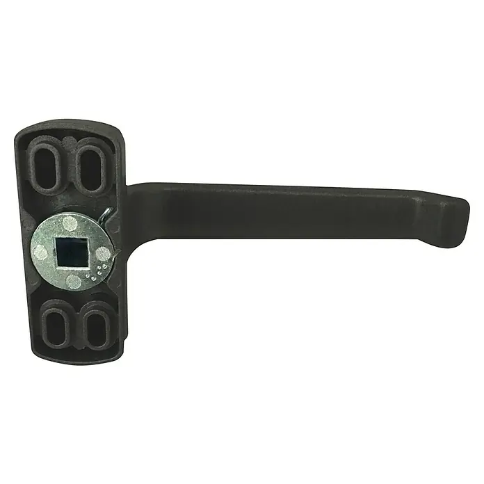 Micel Brimic Conjunto de picaporte 6800 - Aluminio, Negro - Primer plano de un mecanismo de bloqueo de persiana enrollable con pasador de metal y orificios para fijarlo a la persiana.