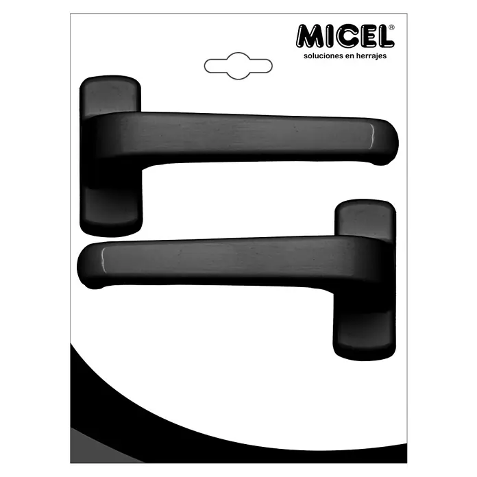 Micel Brimic Conjunto de picaporte 6800 - Aluminio, Negro - Imagen de un blíster de manillas negras MICEL con llave de cilindro, ideales para puertas modernas.