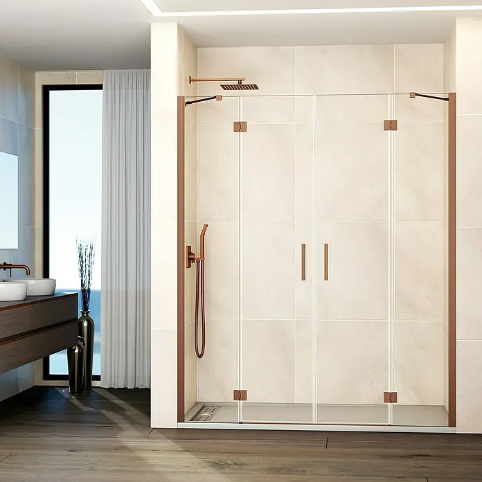 GME Mampara de ducha frontal Glass - 235 x 195 cm, Cobre, An x Al: 235 cm (50+70+70+50), 195 cm - Esta ducha moderna cuenta con un marco de cobre y una puerta de vidrio. Es el complemento perfecto para cualquier baño.