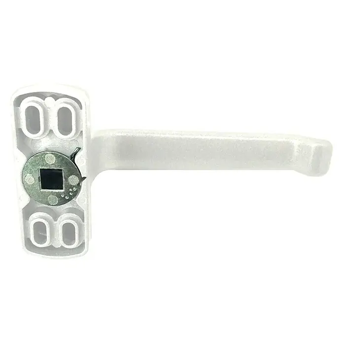 Micel Brimic Conjunto de picaporte 6800 - Aluminio, Blanco - Primer plano de una manija de ventana de plástico con mecanismo de metal, utilizada para accesorios y operaciones de ventanas.