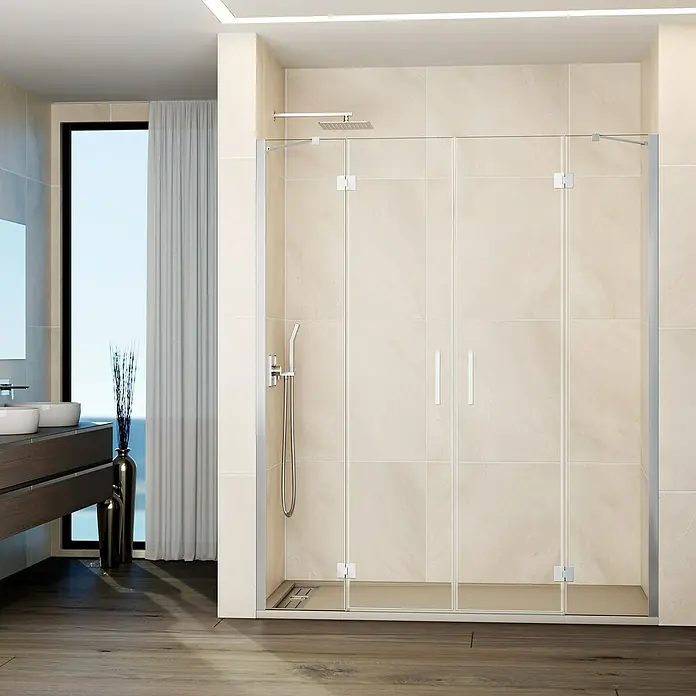 GME Mampara de ducha frontal Glass - 235 x 195 cm, Cromo, An x Al: 235 cm (50+70+70+50), 195 cm - Diseño de baño contemporáneo con una elegante mampara de ducha de líneas limpias y diseño minimalista que realza la estética moderna.