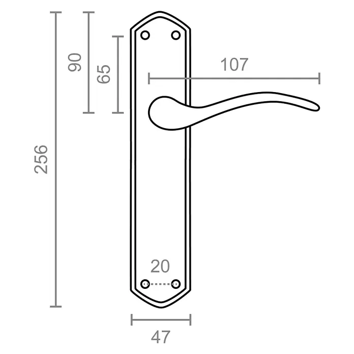 Micel Brimic Conjunto de picaporte niquelada 202 - Níquel satinado - Un dibujo esquemático detallado de un juego de manija de puerta con dimensiones precisas para longitud, ancho y la posición de la manija.