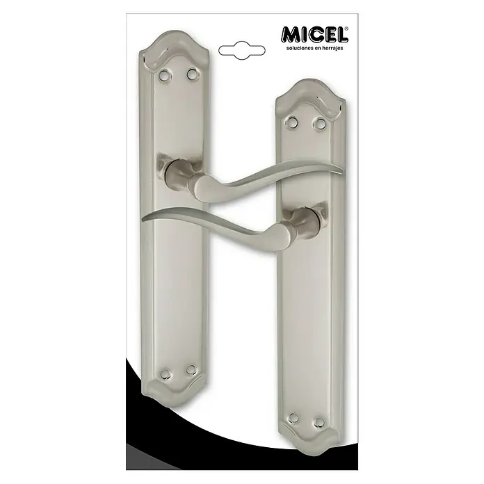 Micel Brimic Conjunto de picaporte niquelada 202 - Níquel satinado - Elegante juego de manijas de puerta plateadas MICEL. Herrajes de puerta elegantes y funcionales para un hogar moderno.