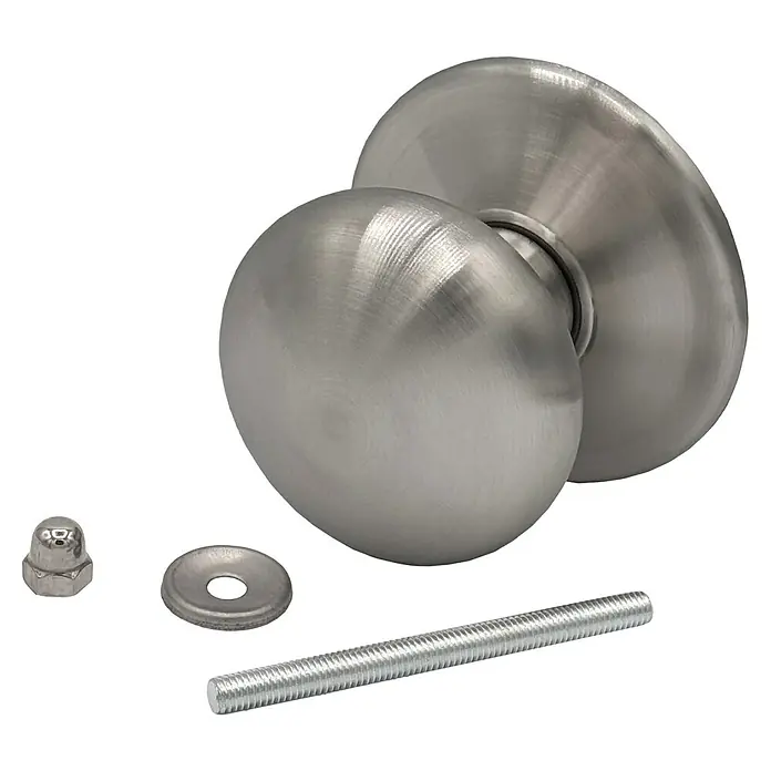 Micel Pomo giratorio 11904 - Latón - Primer plano de un pomo de puerta con tornillo, arandela y tuerca, ideal para ferretería y reparaciones de puertas.