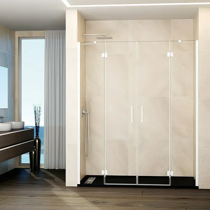 GME Mampara de ducha frontal Glass - 235 x 195 cm, Blanco, An x Al: 235 cm (50+70+70+50), 195 cm - Elegante vista del baño con una moderna mampara de ducha de vidrio transparente que muestra un diseño minimalista y artesanía de alta calidad.