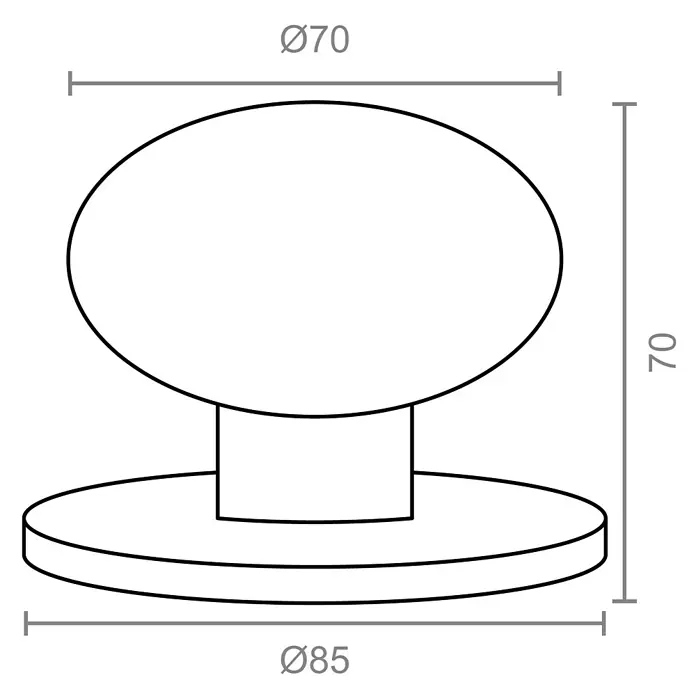 Micel Pomo giratorio 11904 - Latón - Representación de un pomo de mueble con dimensiones, diámetro superior 70, altura 70 y diámetro inferior 85.