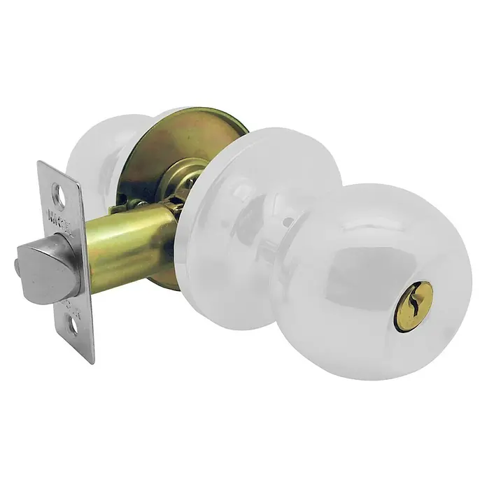 Micel Brimic Pomo giratorio de entrada PP7 - Acero inoxidable, Blanco - Primer plano de un pomo de puerta blanco con detalles dorados, que ofrece un diseño elegante y funcional para puertas modernas.