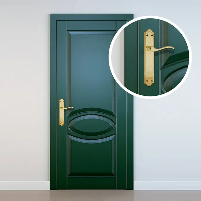 Micel Conjunto de picaporte 1666 - Latón, Pulido - Elegante puerta verde con una manija dorada brillante que realza su aspecto general.