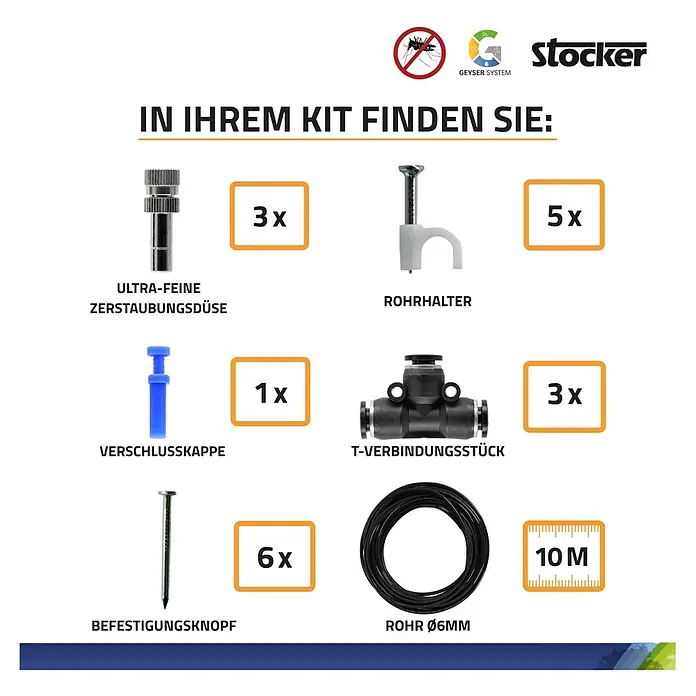 Stocker Geyser Zubehör-Set Balkon-Kit - Passend für: Stocker Geyser-Vernebler - Das Bild zeigt ein Stocker Geyser System Kit mit verschiedenen Teilen wie Düsen, Halterungen, Kappen, Verbindungsstücke, Nägel und Schlauch.
