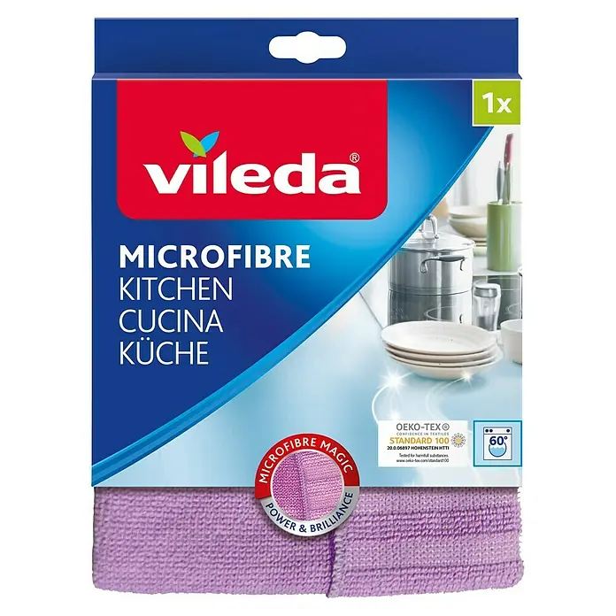 Vileda Microfibre Allzwecktuch Küche - Rosa, 17 x 21 mm - Abbildung einer Vileda Microfaser Küchenreinigungs-Tuchpackung.