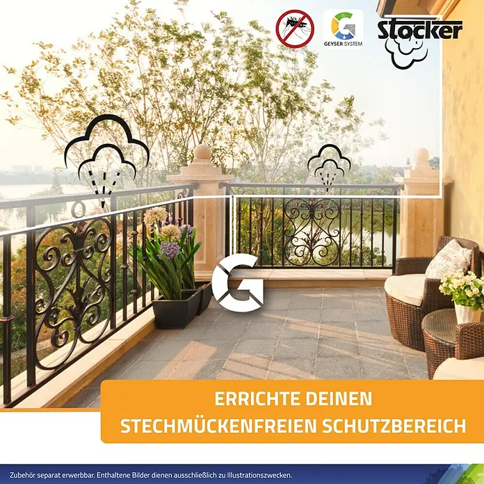 Stocker Geyser Zubehör-Set Balkon-Kit - Passend für: Stocker Geyser-Vernebler - Bild von Stocker Stechmückenabwehrsystem für den Außenbereich, das einen mückenfreien Schutzbereich auf einer Terrasse schafft.