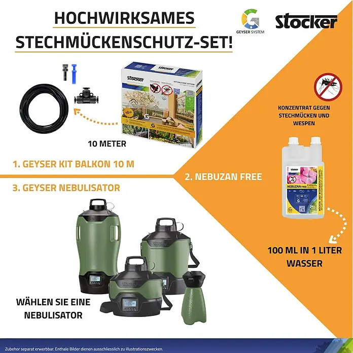 Stocker Geyser Zubehör-Set Balkon-Kit - Passend für: Stocker Geyser-Vernebler - Hochwirksames Stechmückenschutz-Set mit Geyser Kit Balkon, Nebuzan Free und Geyser Nebulisator.