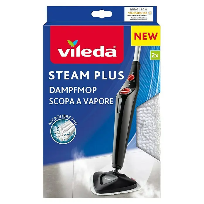 Vileda Steam Ersatz-Bezug Dampfreiniger - Mikrofaser, 2 Stk. - Kartonverpackung für Vileda Steam Plus Dampfmop mit Mikrofaserpad, ideal für hygienische Reinigung.