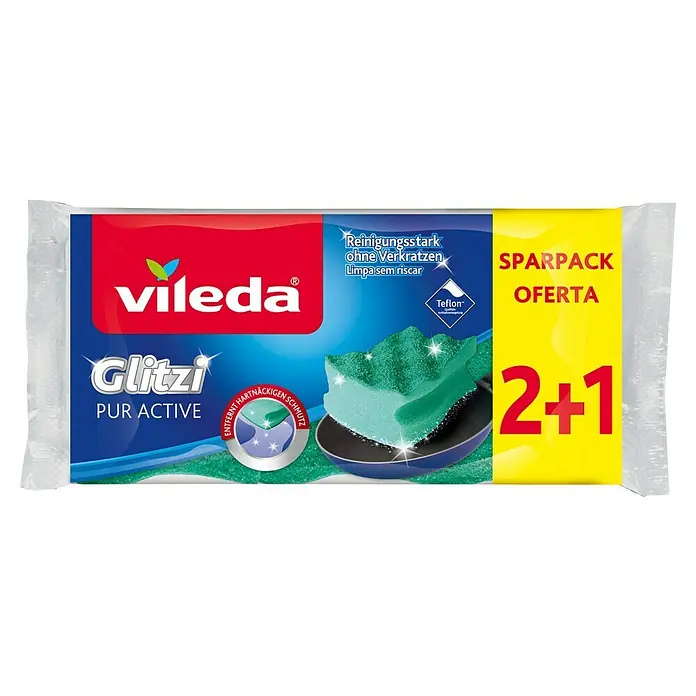 Vileda Glitzi Schwamm PUR Active - Glitzi Härtegrad: 1, 3 Stk. - Vileda Glitzi Pur Active Sparpack: Scheuerschwämme für die Küche, reinigungsstark und schonend zu Oberflächen. Im Angebot 2+1 gratis.