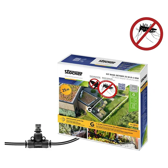 Stocker Geyser Zubehör-Set Kit Base - Passend für: Stocker Geyser-Vernebler - Abbildung des Stocker Geyser 25 m Ø 6 mm Basis-Kits zur Mückenabwehr im Garten, inklusive Zubehör und Verpackung.