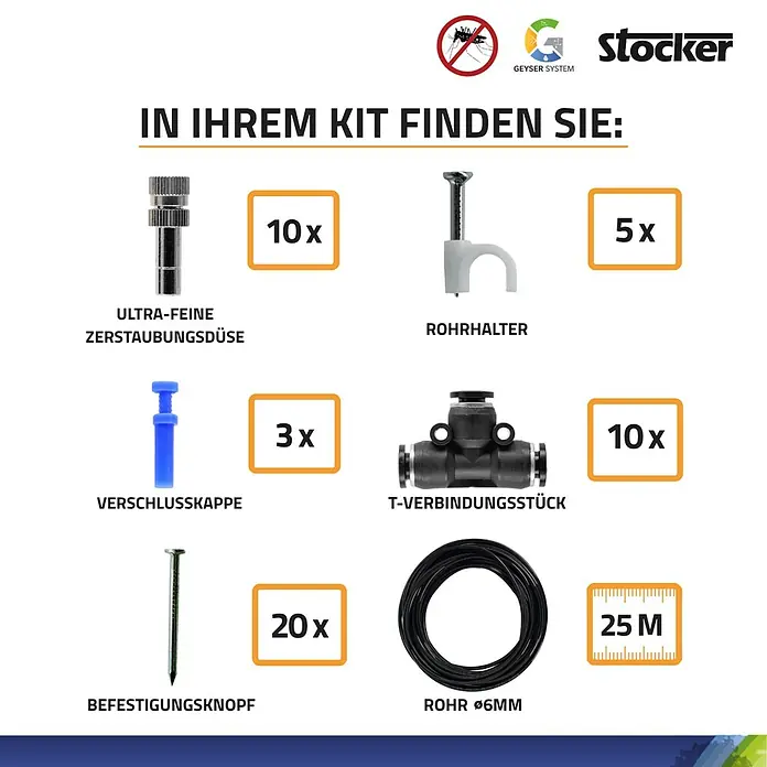 Stocker Geyser Zubehör-Set Kit Base - Passend für: Stocker Geyser-Vernebler - Kit-Inhalt: Feine Zerstäubungsdüse, Rohrhalter, Verschlusskappe, T-Verbindungsstück, Befestigungsknopf und Rohr.