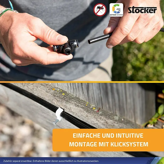 Stocker Geyser Zubehör-Set Balkon-Kit - Passend für: Stocker Geyser-Vernebler - Detailaufnahme eines Stocker Bewässerungssystems, das eine einfache und intuitive Montage mit Klicksystem zeigt.