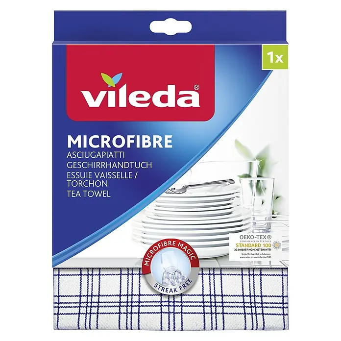 Vileda Microfibre Geschirrtuch Plus - Materialzusammensetzung: 70 % Polyester, 30 % Polyamid - Vileda Microfaser Geschirrtuch im Paket. Das blaue Küchentuch mit Karomuster ist super saugfähig und streifenfrei für glänzende Ergebnisse.