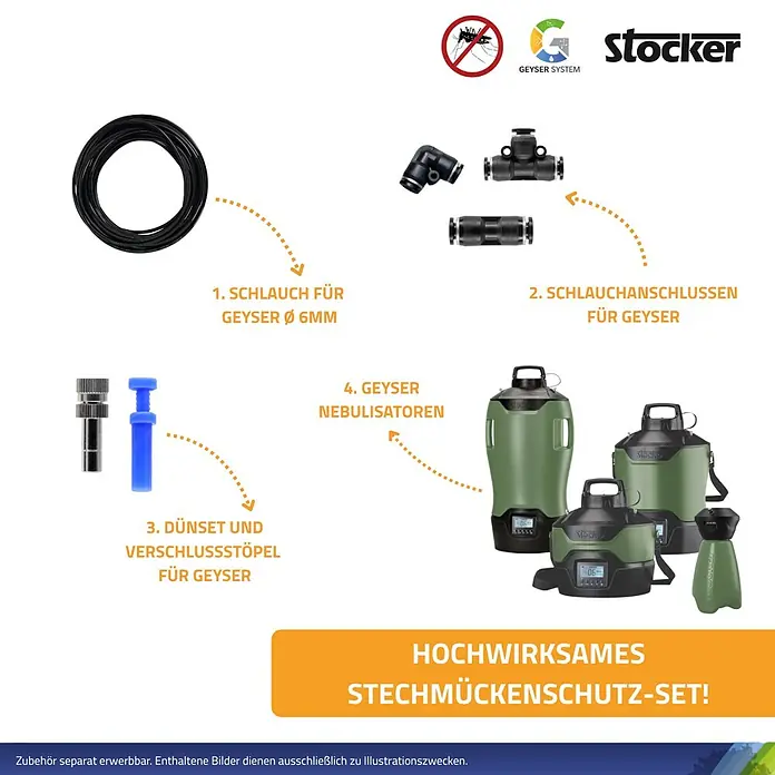 Stocker Geyser Schlauchleitung - 10 m, Passend für: Stocker Geyser Nebulisator - Produktbild des Stocker Stechmückenschutz-Sets mit Schlauch, Schlauchanschlüssen, Düsen und Geyser Verneblern.