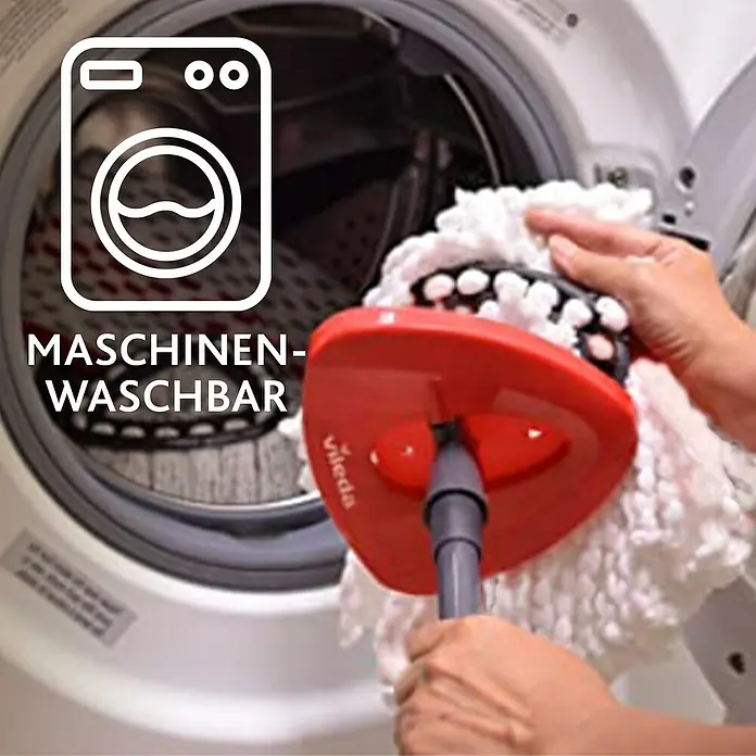 Vileda Easy Wring+Clean Ersatz-Bezug - 100 % Mikrofaser - Waschbarer Vileda Wischmop vor einer Waschmaschine.