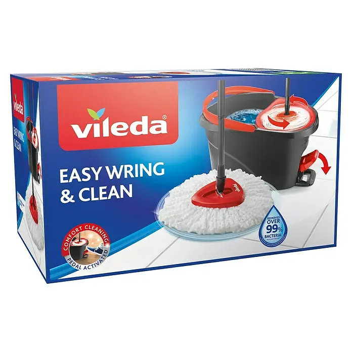 Vileda Easy Wring+Clean Wischmop-Set - Mikrofaser, 4 -tlg. - Eine Verpackung des Vileda Easy Wring & Clean Wischmop-Sets mit Eimer und Auswringmechanismus.