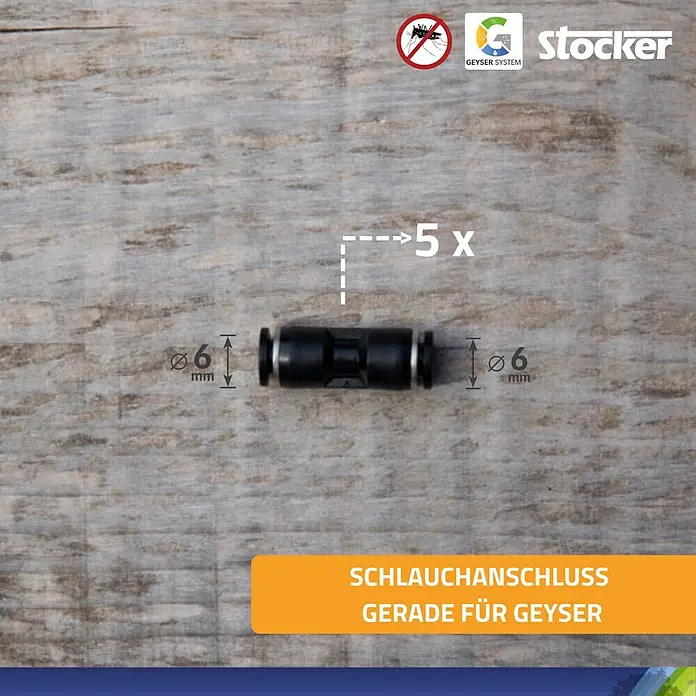 Stocker Geyser Schlauchanschluss - 5 Stk., Passend für: Stocker Geyser Nebulisator Systeme - Schlauchanschluss gerade für Geyser: Der Verbinder ist schwarz und für Schläuche mit 6 mm Durchmesser geeignet. Ideal für Geysersysteme.