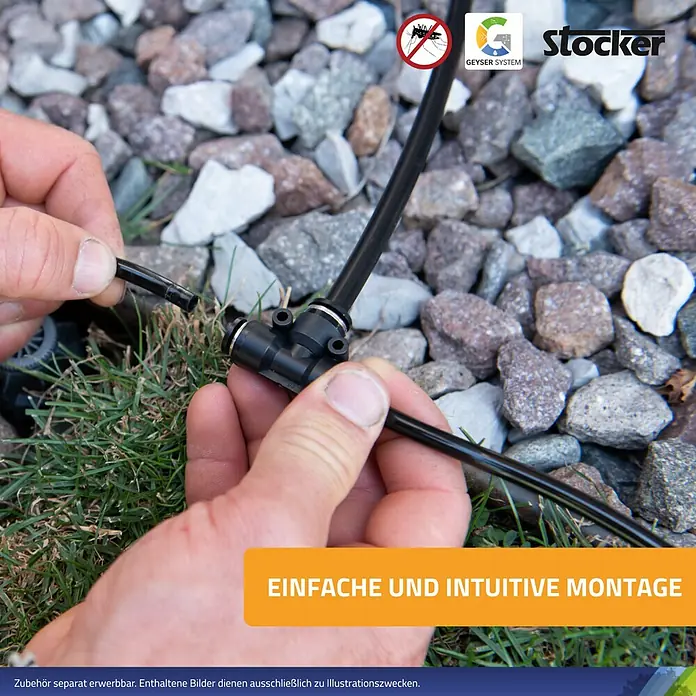 Stocker Geyser Schlauchleitung - 10 m, Passend für: Stocker Geyser Nebulisator - Nahaufnahme einer Person, die ein Bewässerungssystem mit der Aufschrift "Einfache und intuitive Montage" installiert.
