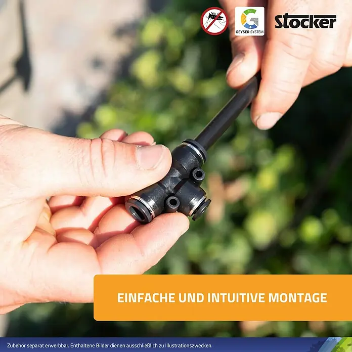 Stocker Geyser Stechmückenschutz Nebulisator - 4 l, 1 Akku - Nahaufnahme eines Stocker Geyser System Bewässerungs-Verbindungsstücks, das einfache und intuitive Montage ermöglicht.