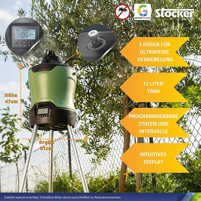 Stocker Geyser Stechmückenschutz Nebulisator - 12 l, 1 Akku - Das Bild zeigt ein Stocker Geyser System mit 12 Liter Tank, das über 3 Düsen für ultrafeine Vernebelung, programmierbare Zyklen und ein intuitives Display verfügt.
