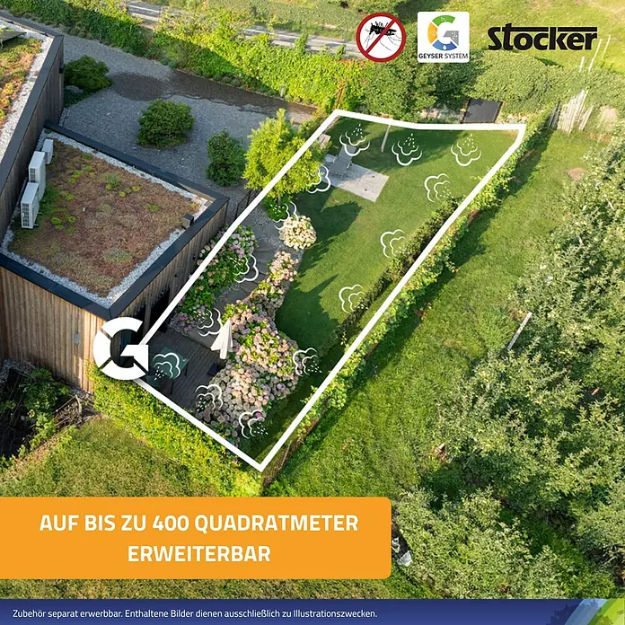 Stocker Geyser Stechmückenschutz Nebulisator - 25 l, Ohne Akku - Das Bild zeigt das Stocker Geyser System zur Mückenabwehr, das bis zu 400 Quadratmeter abdeckt und erweiterbar ist.