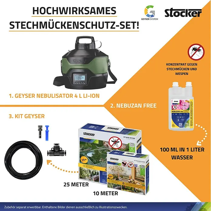 Stocker Geyser Stechmückenschutz Nebulisator - 4 l, 1 Akku - Hochwirksames Stechmückenschutz-Set mit Geyser Nebulisator, Nebuzan Free, Kit Geyser. Optimaler Schutz vor Mücken und Wespen.