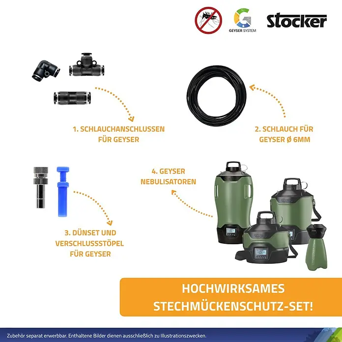 Stocker Geyser T-Stück - 5 Stk., Passend für: Stocker Geyser Nebulisator Systeme - Das Bild zeigt ein hochwirksames Stechmückenschutz-Set mit Schlauchanschlüssen, Düsen, Nebulisatoren und einem Schlauch.